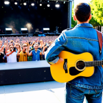 **

A professional musician, fully clothed in a stylish denim jacket and jeans, playing an acoustic guitar on a brightly lit outdoor stage during a music festival in Madrid. Background shows a diverse crowd enjoying the performance. Perfect anatomy, correct proportions, well-formed hands, proper finger count, natural pose, safe for work, appropriate content, fully clothed, family-friendly.

**