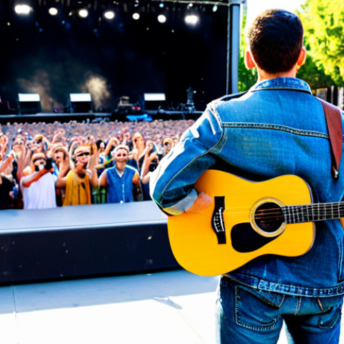 **

A professional musician, fully clothed in a stylish denim jacket and jeans, playing an acoustic guitar on a brightly lit outdoor stage during a music festival in Madrid. Background shows a diverse crowd enjoying the performance. Perfect anatomy, correct proportions, well-formed hands, proper finger count, natural pose, safe for work, appropriate content, fully clothed, family-friendly.

**