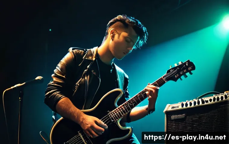연주가가 꼭 알아야 할 음악 장비 - **Prompt:** A dynamic shot of a guitarist on a dimly lit stage, engulfed in the glow of stage lights...