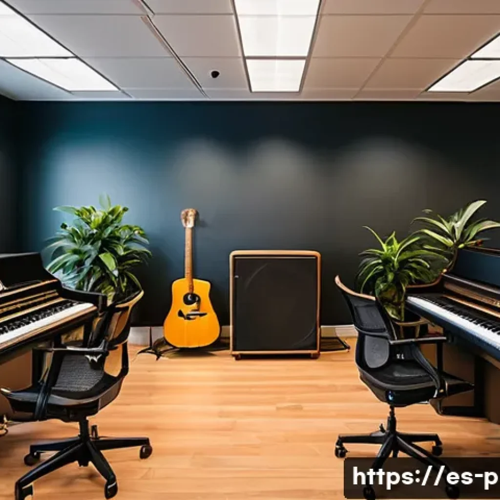 연주가로서 이직 시 고려사항 - A vibrant, modern music studio filled with diverse musicians collaborating creatively, featuring war...