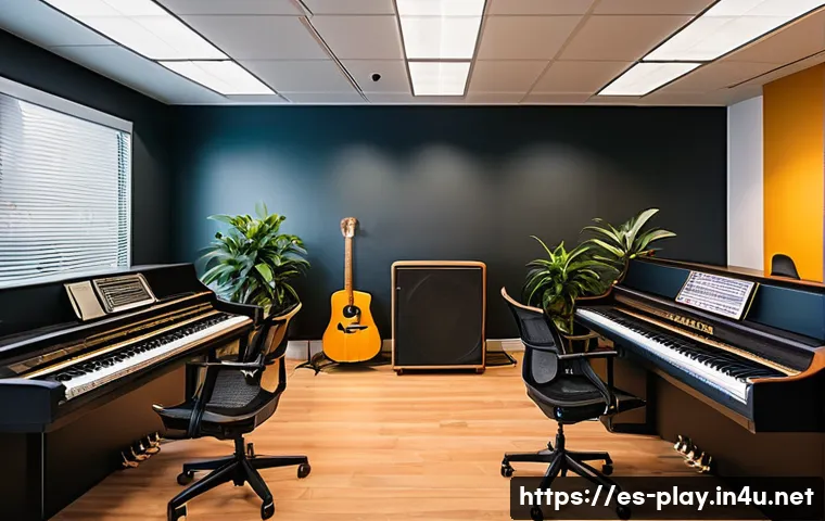 연주가로서 이직 시 고려사항 - A vibrant, modern music studio filled with diverse musicians collaborating creatively, featuring war...