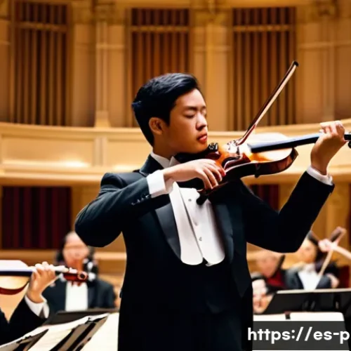 Home 33 연주가 이직 시 추천서 작성법 - A professional classical orchestra musician in mid-performance, wearing formal concert attire includ...
