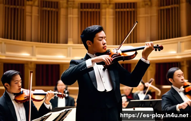연주가 이직 시 추천서 작성법 - A professional classical orchestra musician in mid-performance, wearing formal concert attire includ...