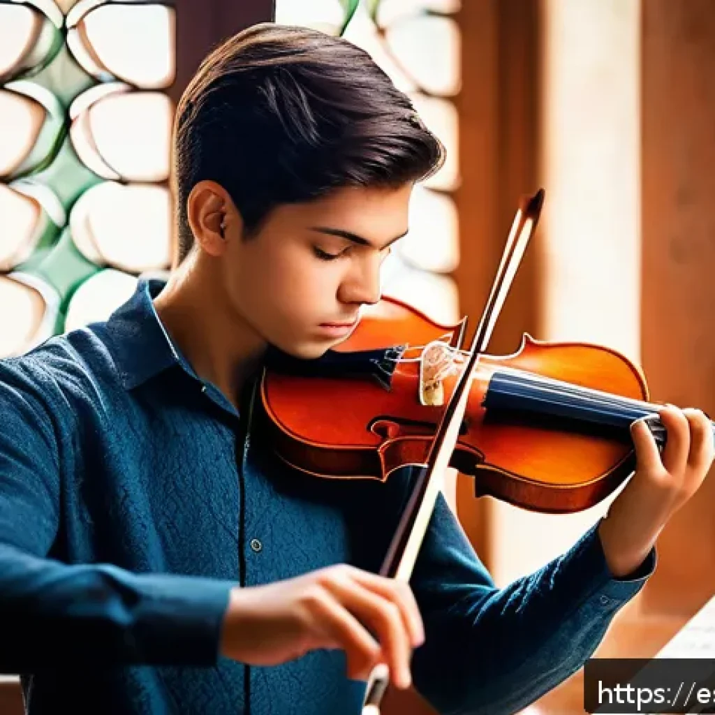 연주가 시험 대비 교재 추천 - A focused young musician practicing violin in a warmly lit Spanish-style room, wearing modest, elega...