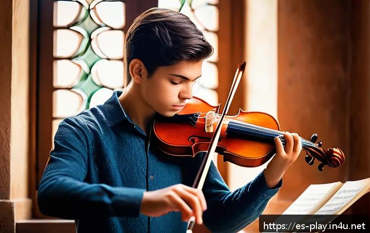연주가 시험 대비 교재 추천 - A focused young musician practicing violin in a warmly lit Spanish-style room, wearing modest, elega...