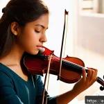 Home 18 연주가 실기 시험 시 주요 채점 기준 - A focused young classical musician practicing violin in a cozy, sunlit room filled with sheet music ...
