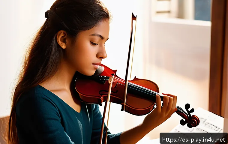 연주가 실기 시험 시 주요 채점 기준 - A focused young classical musician practicing violin in a cozy, sunlit room filled with sheet music ...