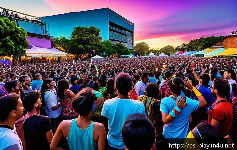 연주가가 선택할 수 있는 전문 분야 - A vibrant music festival scene in a Latin American city at sunset, showcasing diverse musicians blen...