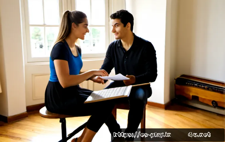 Home 17 연주가가 실기 시험 후 피드백 받는 방법 - Photorealistic scene in a Spanish conservatory rehearsal room, young adult violinist seated with vio...